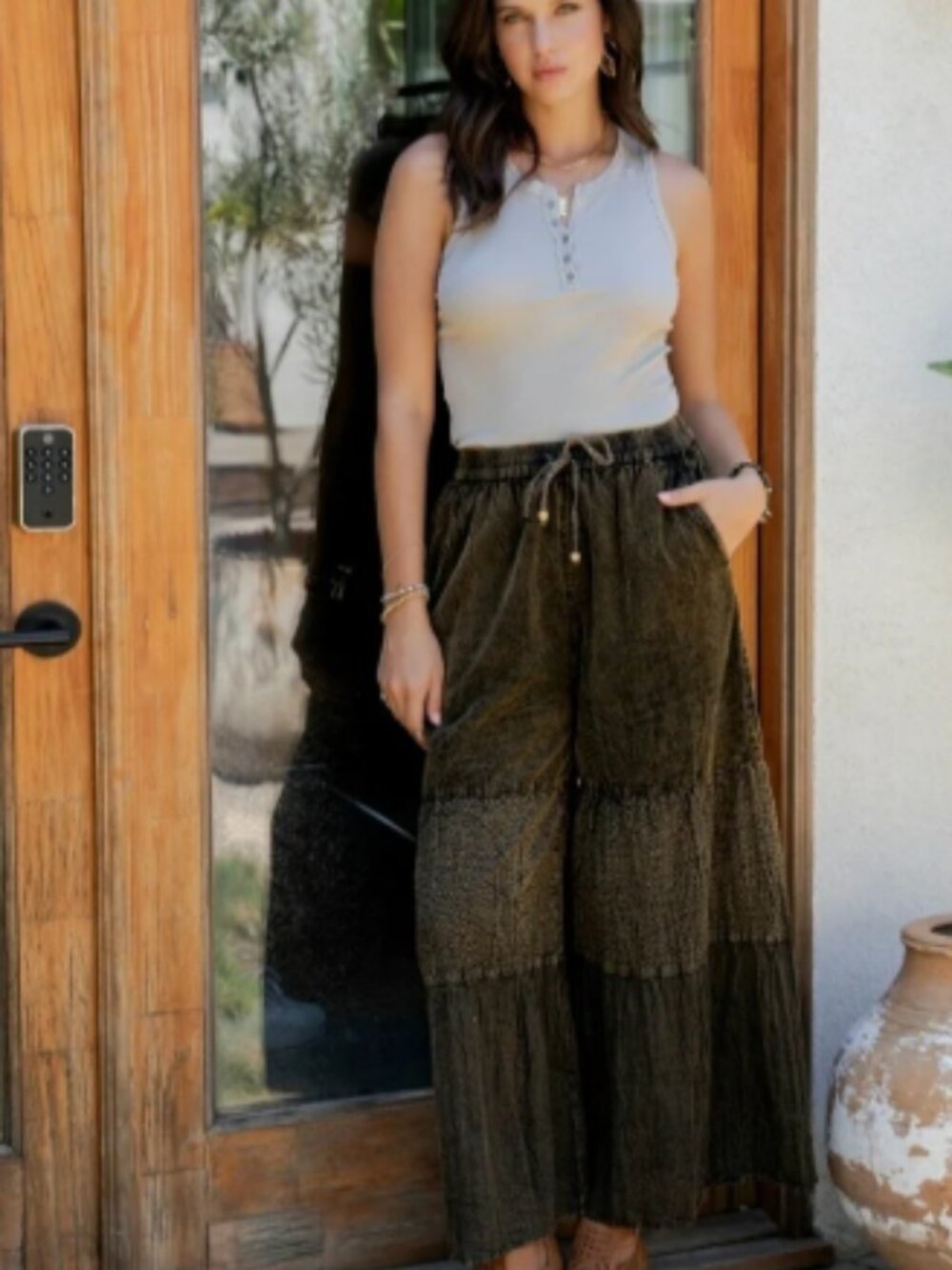 Wide leg relaxed flowing fit boho acid wash style cotton